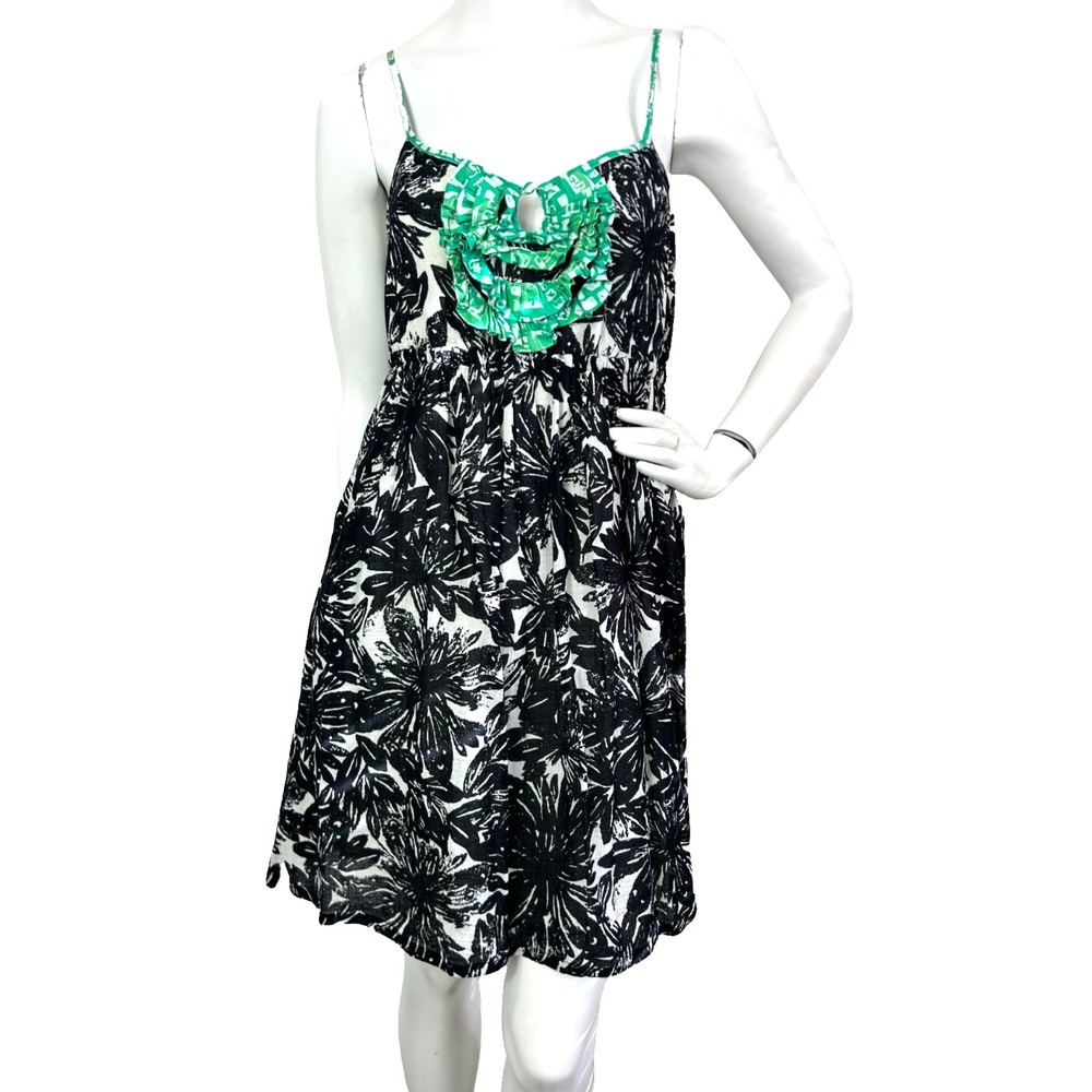 VTG 2009 Anthropologie We Love Vera Stamp Art Dress Small Black Green Ruffle 6